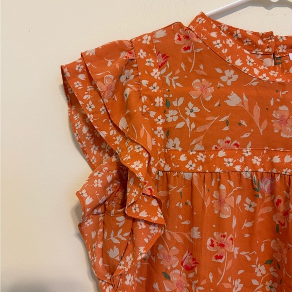 2/$30 DR2 - Peach Floral Ruffle Short Sleeve Blouse - Small - Picture 4 of 8